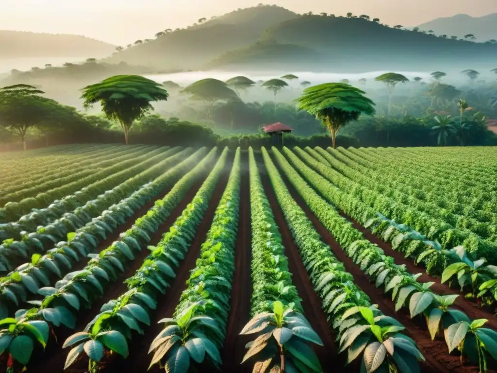 Plantación de cacao africano al amanecer, con árboles cargados de vainas maduras y granjeros locales cuidando las plantas