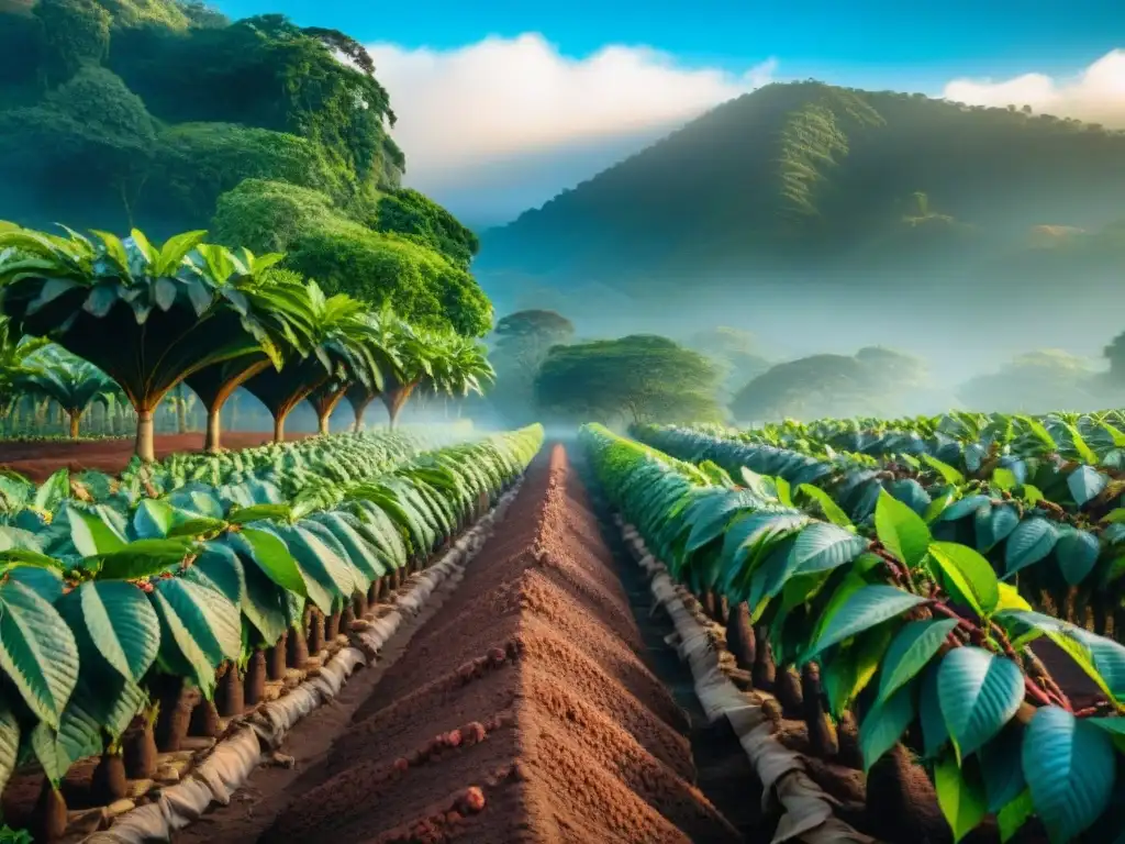 Plantación de cacao africano con árboles cargados de frutos maduros, agricultores locales y cielo azul