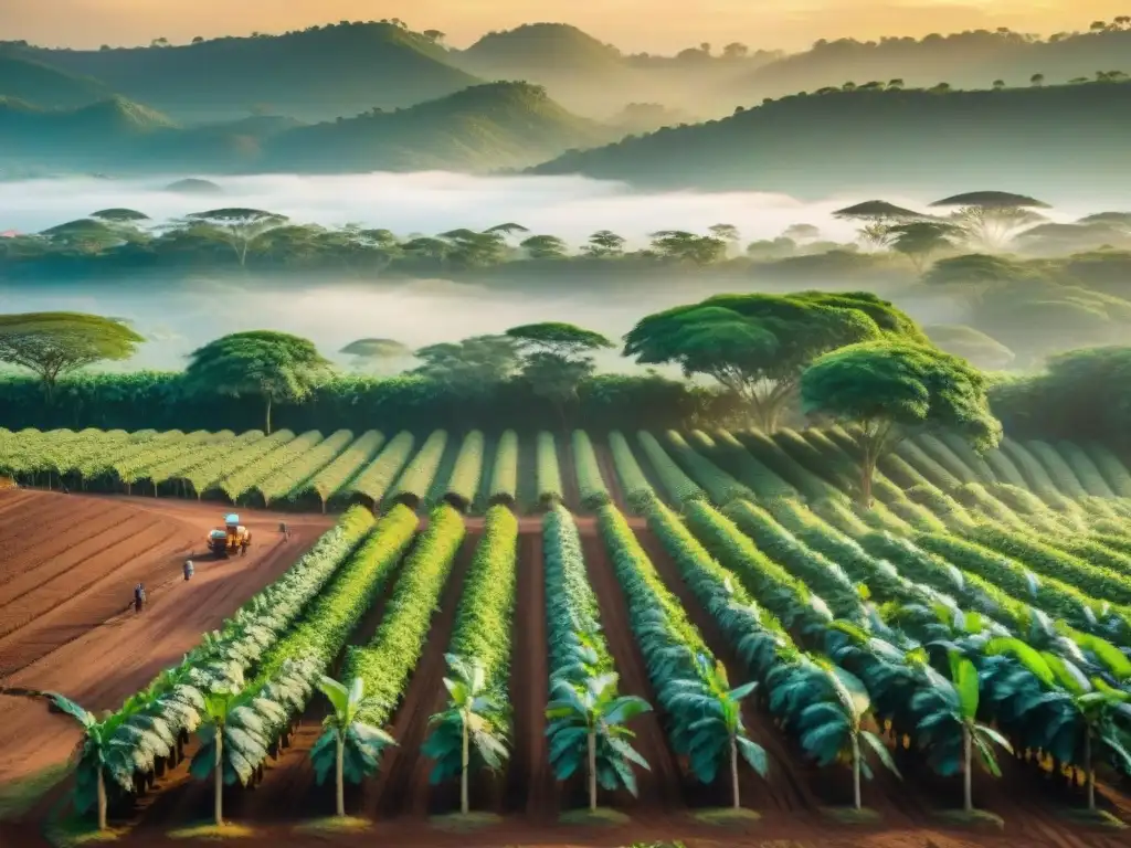 Plantación de cacao en África Occidental al atardecer, con agricultores locales cosechando