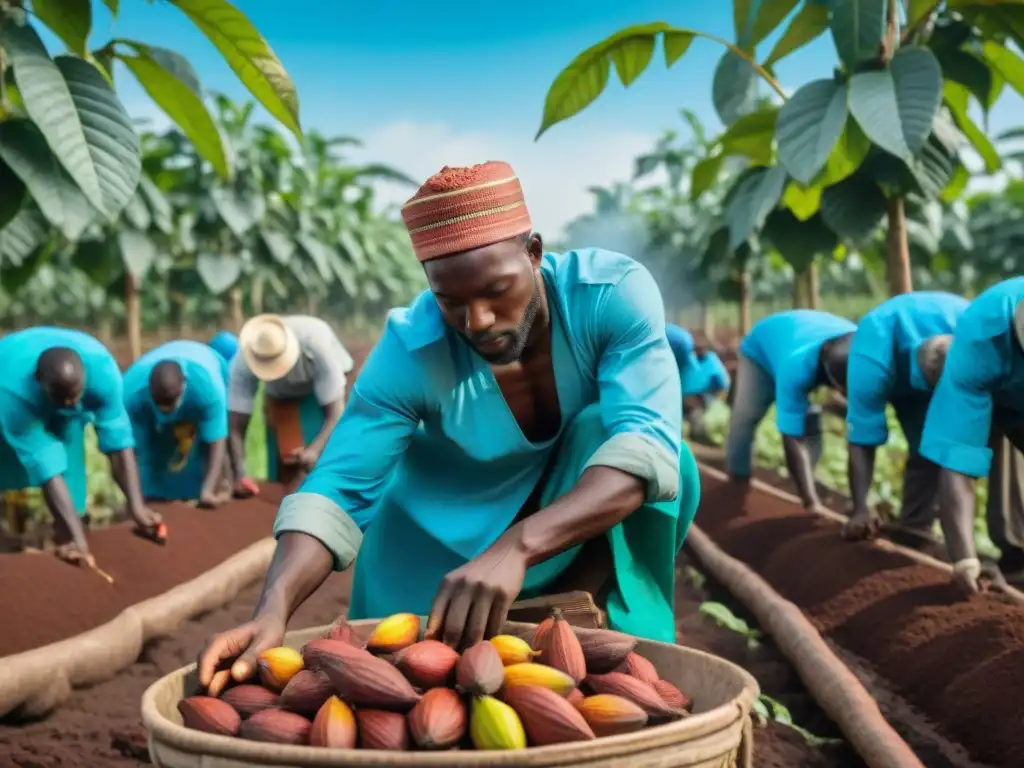 Plantación de cacao vibrante y bulliciosa en África Occidental durante la cosecha