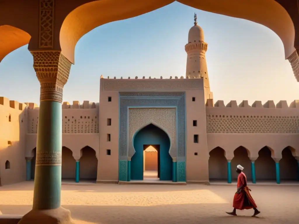 La cálida luz del atardecer resalta la arquitectura de la Mezquita Djinguereber en Timbuktu, mostrando la vida urbana en la ciudad