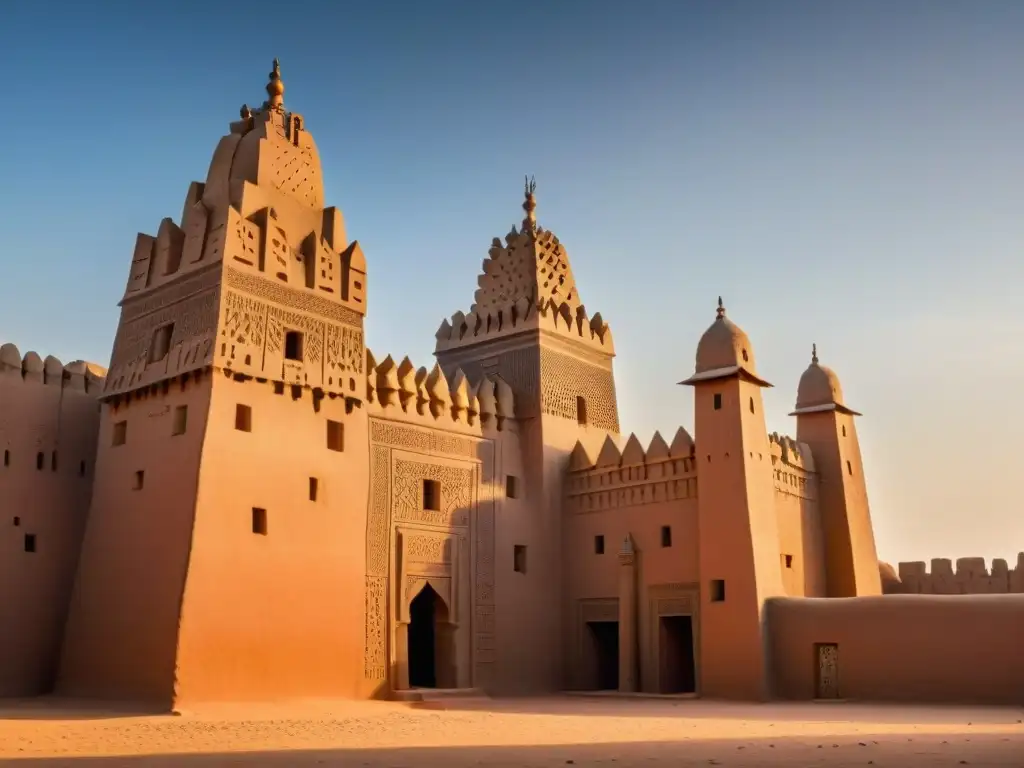 La cálida luz del atardecer resalta la arquitectura precolonial africana perspectivas futuras en la Gran Mezquita de Djenné en Mali