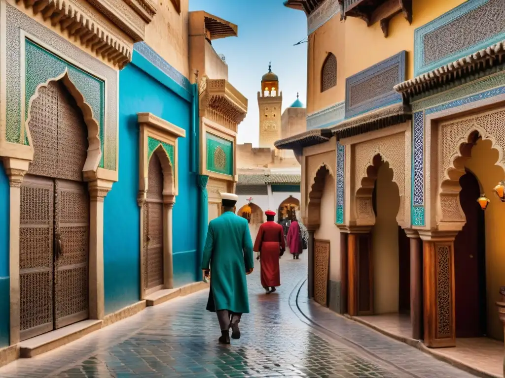 Calles vibrantes y bulliciosas en Fez, Marruecos, con arquitectura tradicional colorida