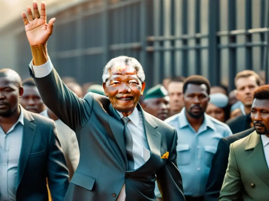 Nelson Mandela camino libertad histórico: imagen impactante en blanco y negro, Mandela saliendo de prisión con puño en alto y expresión determinada