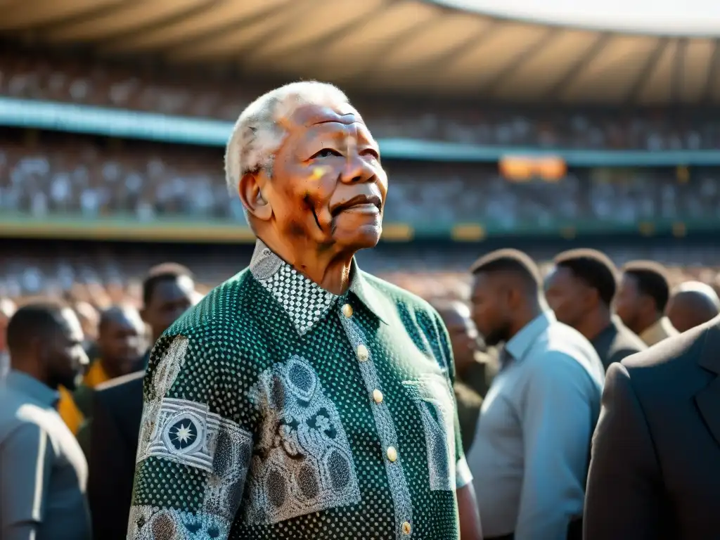 Nelson Mandela camino libertad histórico: retrato en blanco y negro con Mandela en estadio lleno de diversidad, reflejando unidad y esperanza