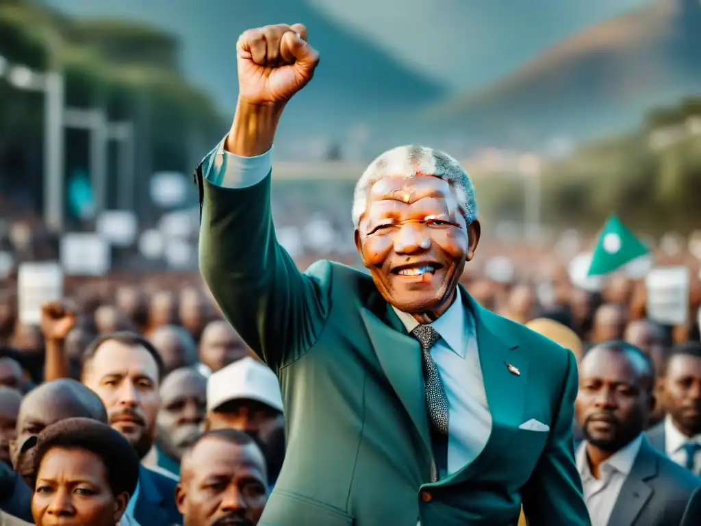 Nelson Mandela camino libertad histórico: Mandela levanta el puño en triunfo al salir de prisión, rodeado de seguidores diverso