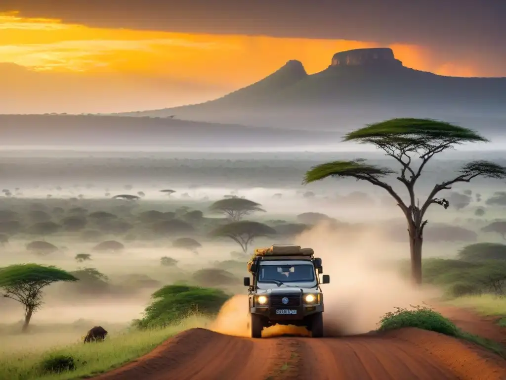 Explora caminos desconocidos en África: safari solitario en la sabana al atardecer