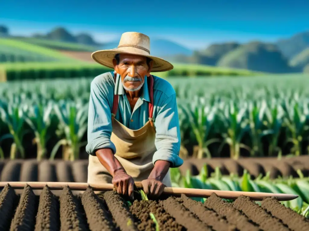 Campesino indígena en Mesoamérica ara con arado de madera en maizal