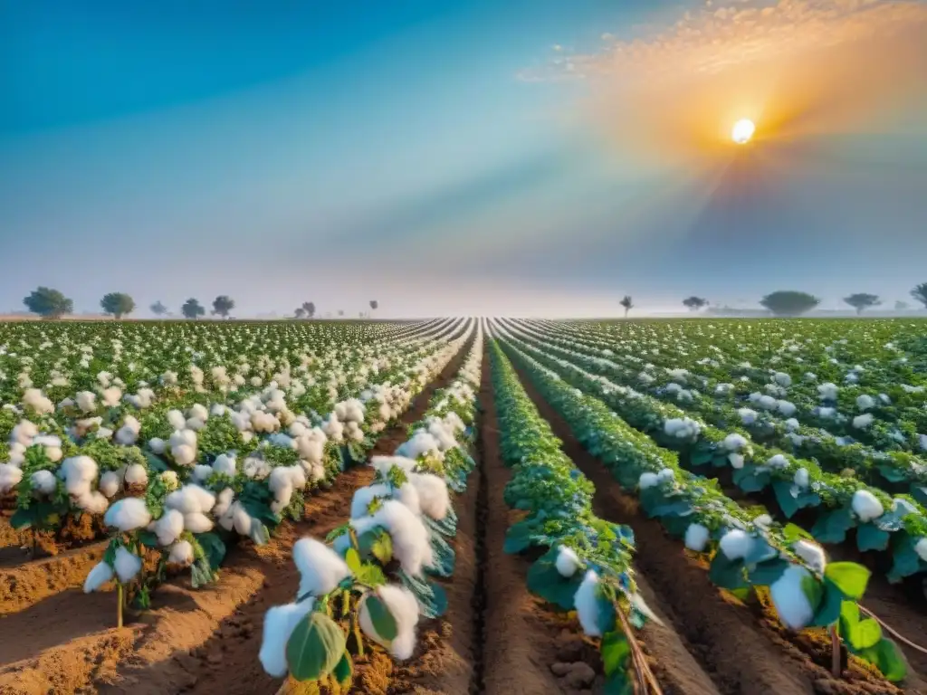 Campo de algodón egipcio de alta calidad al amanecer, con plantas sanas bajo el cielo azul