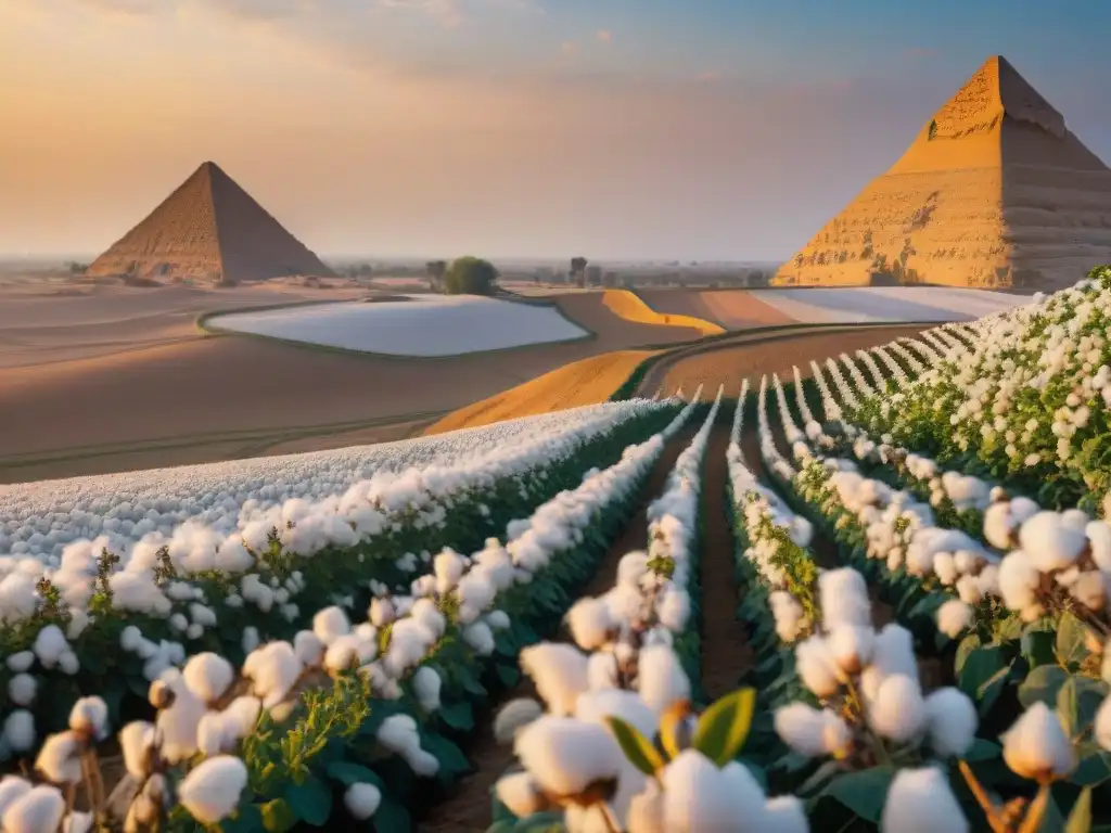 Un campo de algodón egipcio al atardecer, con fibras doradas relucientes y manos expertas