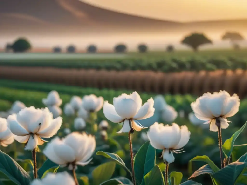 Un campo de algodón egipcio de calidad, con plantas altas y saludables bajo el sol dorado, y agricultores tradicionales en armonía