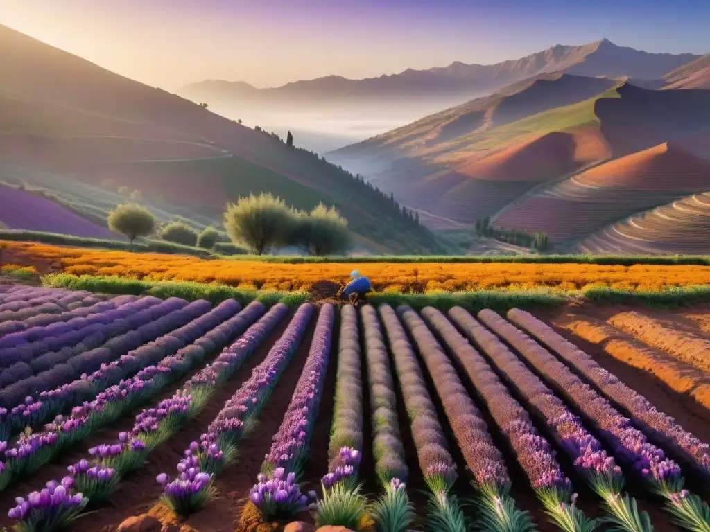 Campo de azafrán en Taliouine al amanecer, destacando la importancia del azafrán en la economía global