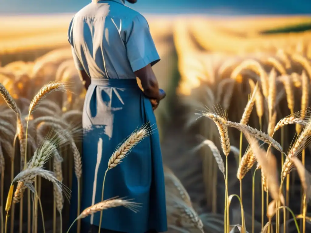 Un campo de trigo dorado en África, con un agricultor inspeccionando las plantas