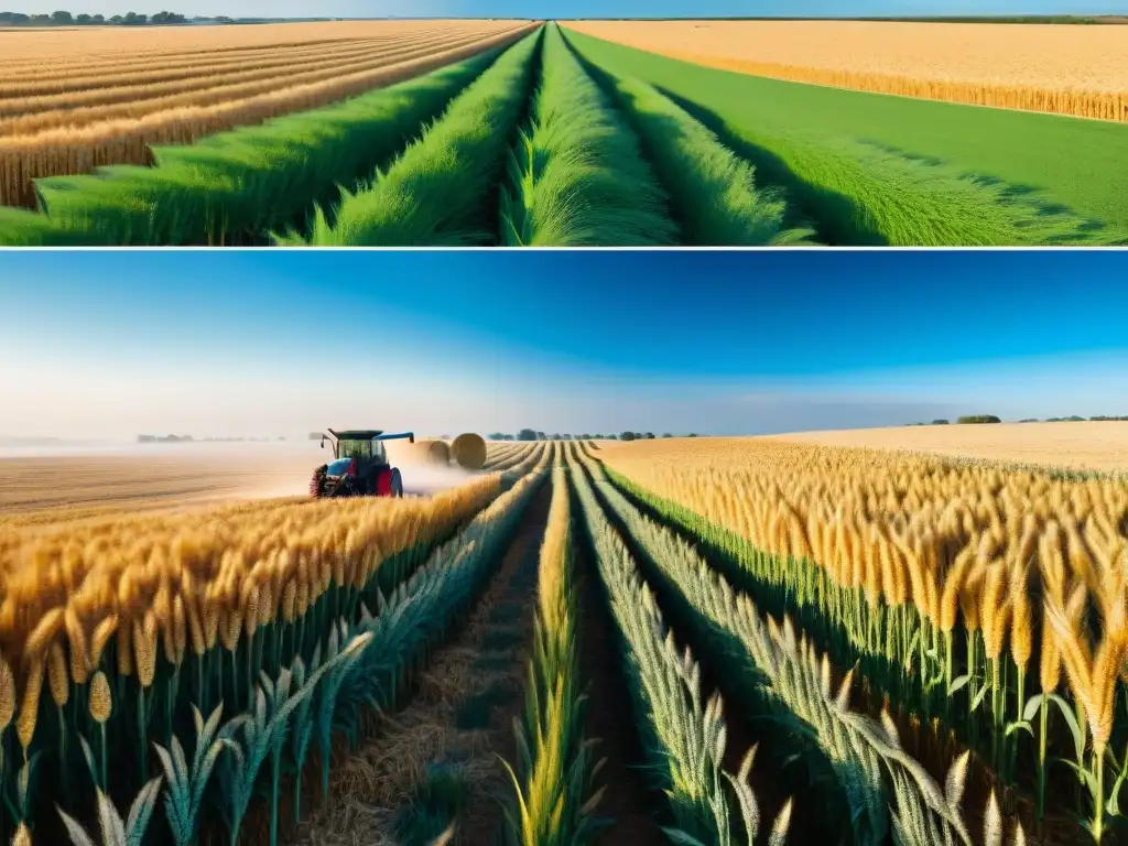 Un campo de trigo dorado extenso con agricultores africanos cosechando manualmente