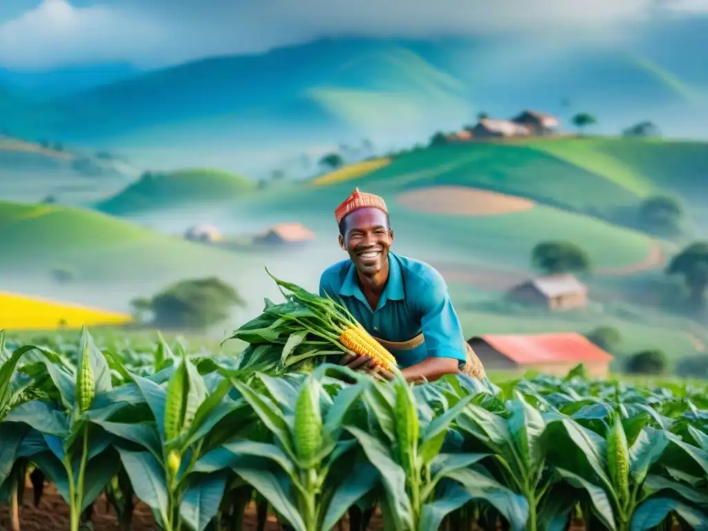 Un campo agrícola vibrante y detallado con agricultores africanos trabajando juntos, resaltando oportunidades en la cadena de valor agrícola