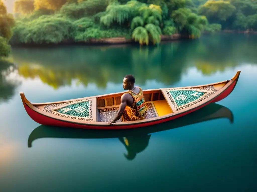 Una canoa de madera africana con intrincados grabados y patrones coloridos flotando en un río sereno rodeado de exuberante vegetación