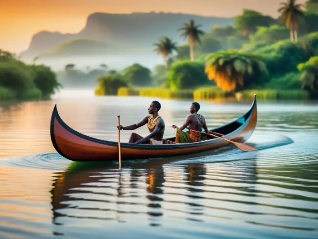 Una canoa de madera africana tallada detalladamente deslizándose por un río, con motivos tradicionales africanos y un atardecer anaranjado