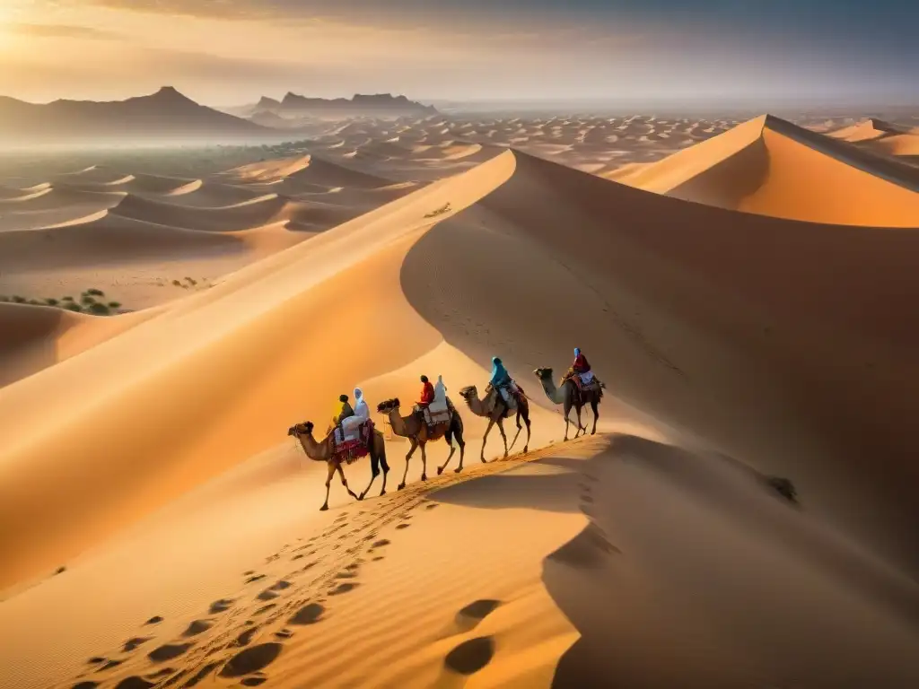 Caravana de camellos en el árido Sahara, destacando el Comercio Transahariano evolución historia contexto