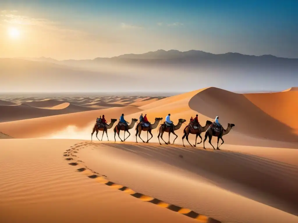 Una caravana de camellos en el árido Sahara, reflejo del Comercio Transahariano crónicas viajeros