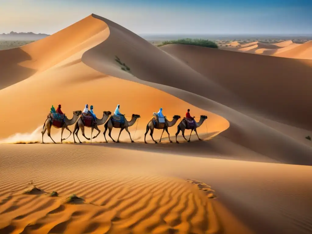 Una caravana de camellos en el árido Sahara, destacando la importancia de los camellos en África