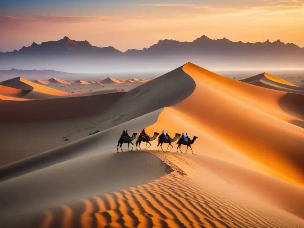 Caravana de camellos en el Sahara al atardecer, evocando el Poder Comercio Transahariano Civilizaciones Africanas