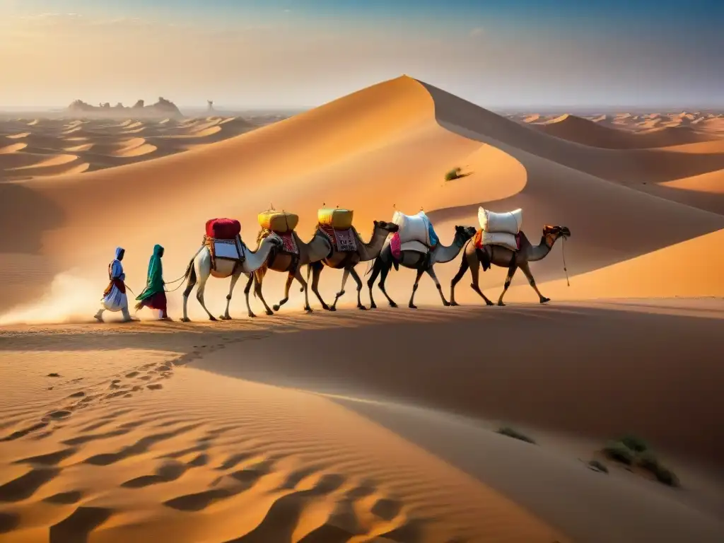 Caravana de camellos transportando bienes codiciados en el Comercio Transahariano bajo el sol del desierto