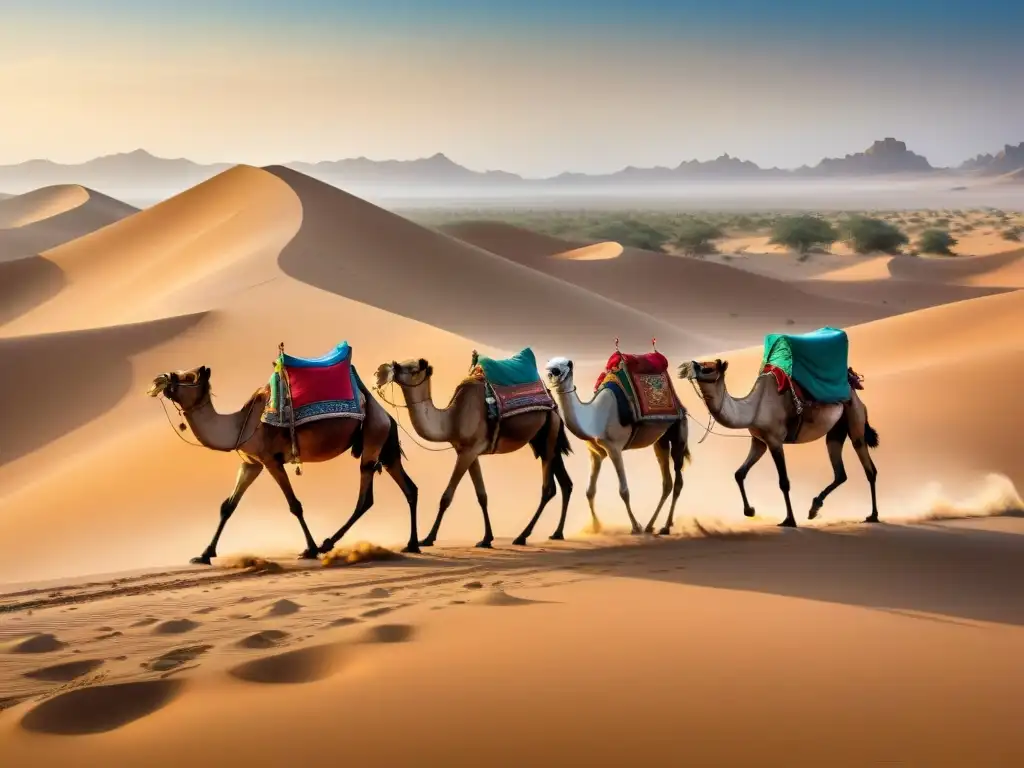 Caravana de camellos en el Sahara: ruta comercial histórica Una caravana de camellos cargados de bienes avanza por el vasto y árido Desierto del Sáhara bajo el sol abrasador