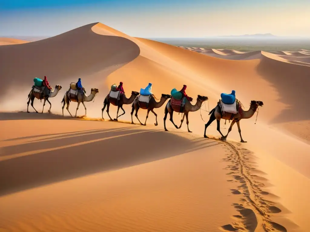 Una caravana de camellos cargados con bienes cruza el árido desierto del Sahara bajo el sol abrasador, liderada por nómadas Tuareg