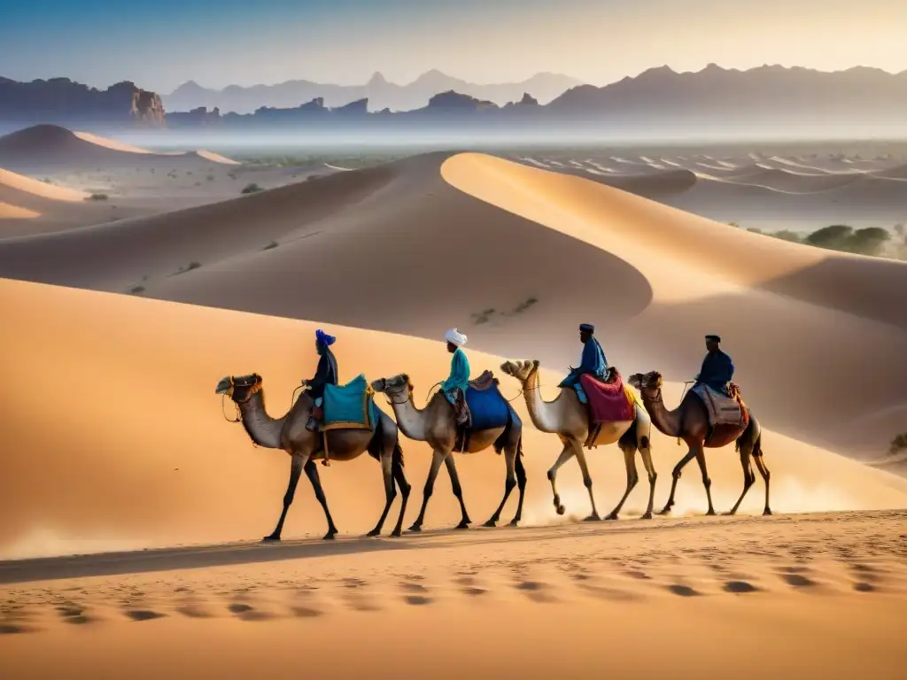 Una caravana de camellos cargados con bienes codiciados atraviesa el árido Sahara bajo el sol abrasador, liderada por comerciantes Tuareg