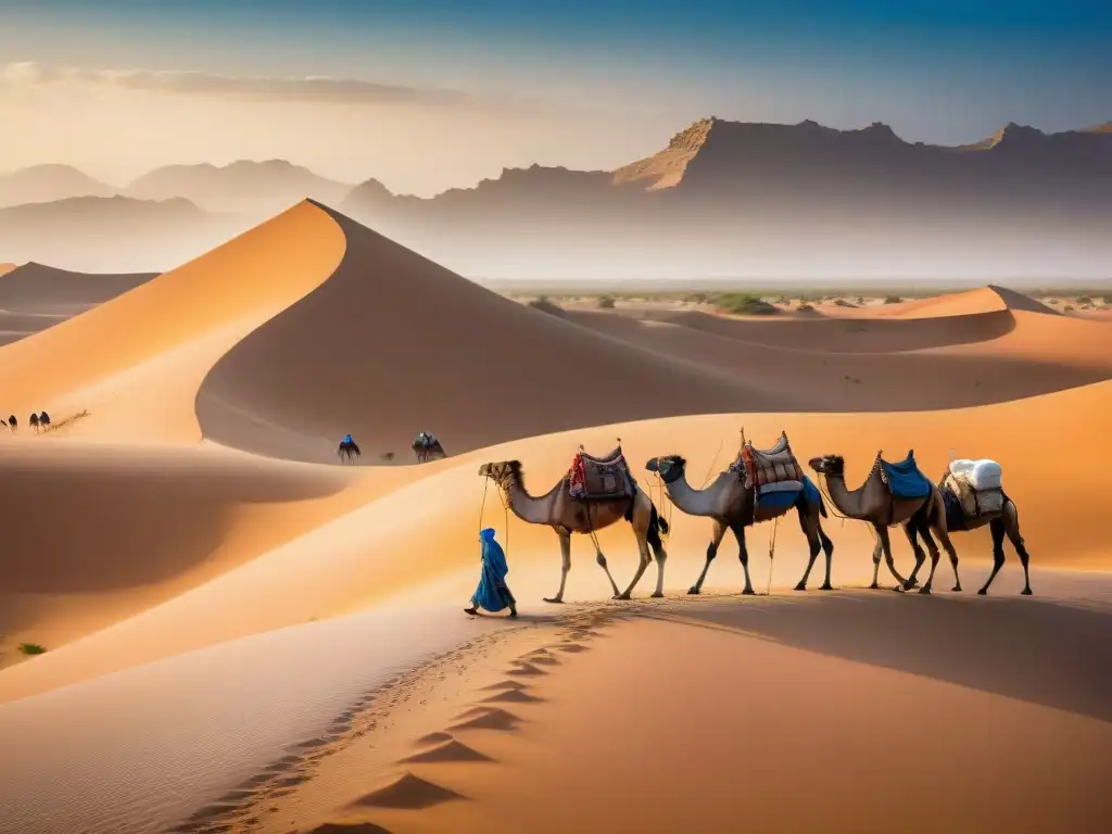 Caravana de camellos cargados con bloques de sal en el desierto del Sahara, liderada por comerciantes Tuareg