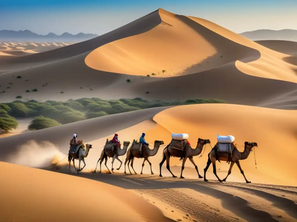 Un caravana de camellos cargados avanza por el desierto en el Comercio Transahariano evolución historia contexto