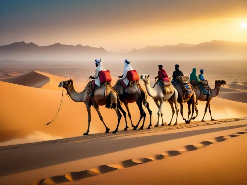 Una caravana de camellos cargados de mercancías recorre las Rutas comerciales transaharianas bajo el sol ardiente del Sahara