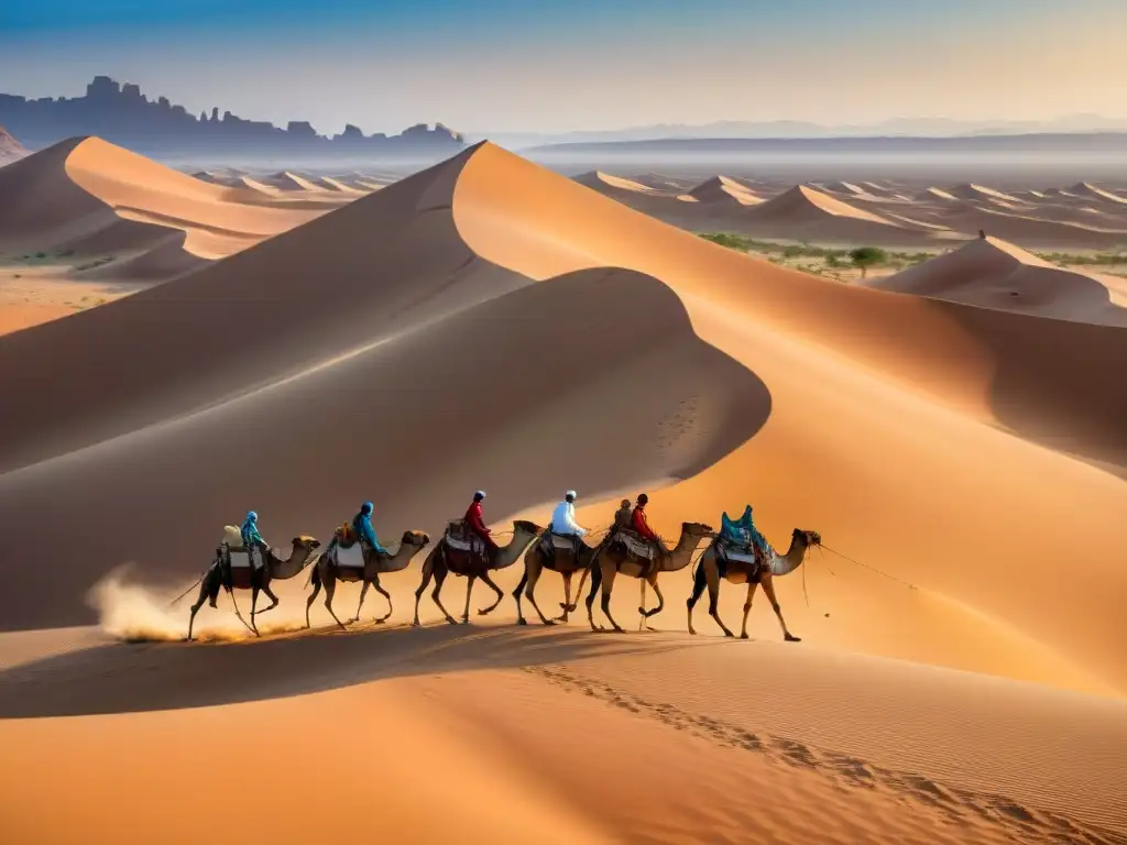 Caravana de camellos cargados con productos cruza el Sahara, legado africano en desierto Arabia