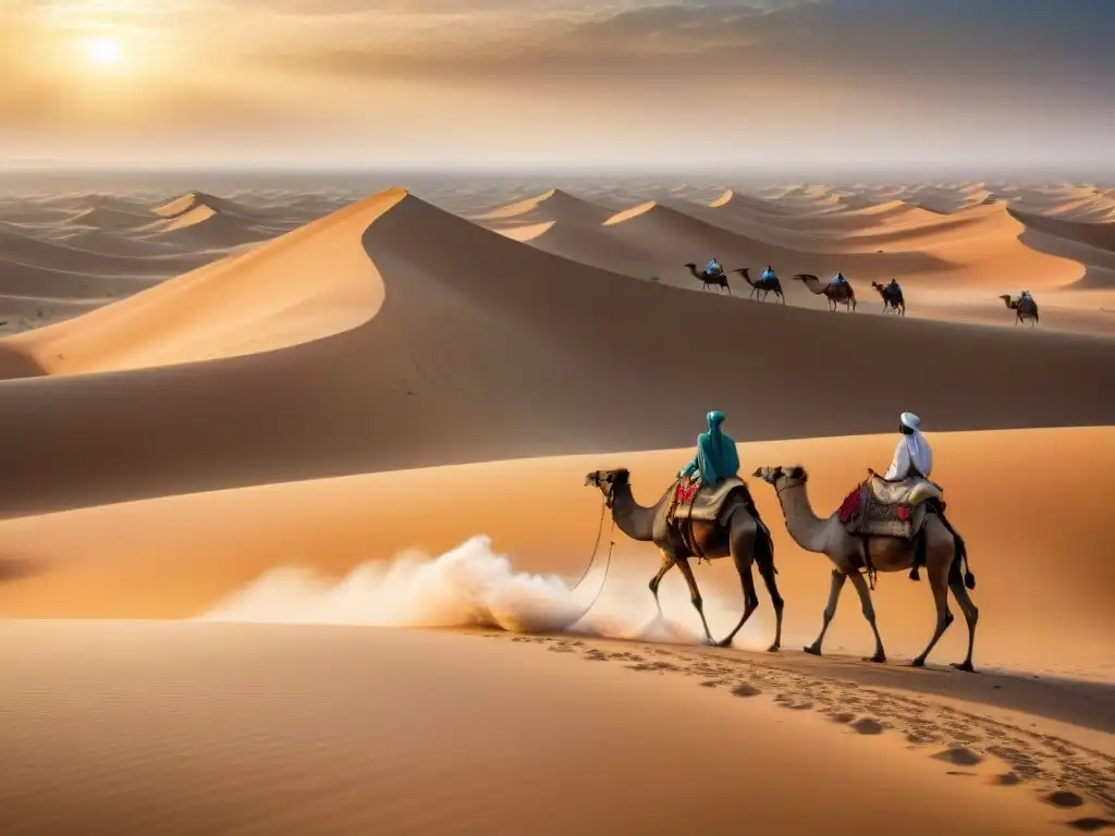 Caravana de camellos cargados con sal, comercio de sal en África, atravesando el Sahara bajo el sol abrasador