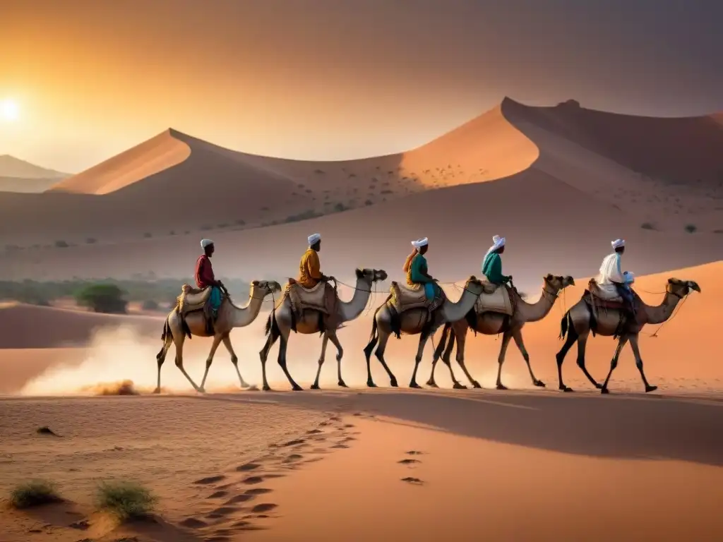 Caravana de camellos cargados con sal del Sahara al atardecer, vital en el Poder Comercio Transahariano Civilizaciones Africanas