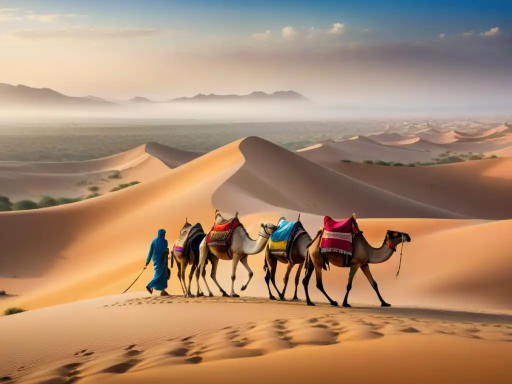 Una caravana de camellos cargados con textiles y especias coloridas atraviesa el vasto y árido desierto del Sáhara bajo el sol abrasador