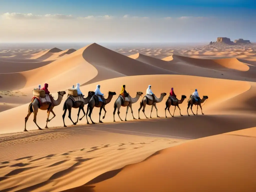 Caravana de camellos en el Sahara, comercio global precolonial África intercambio