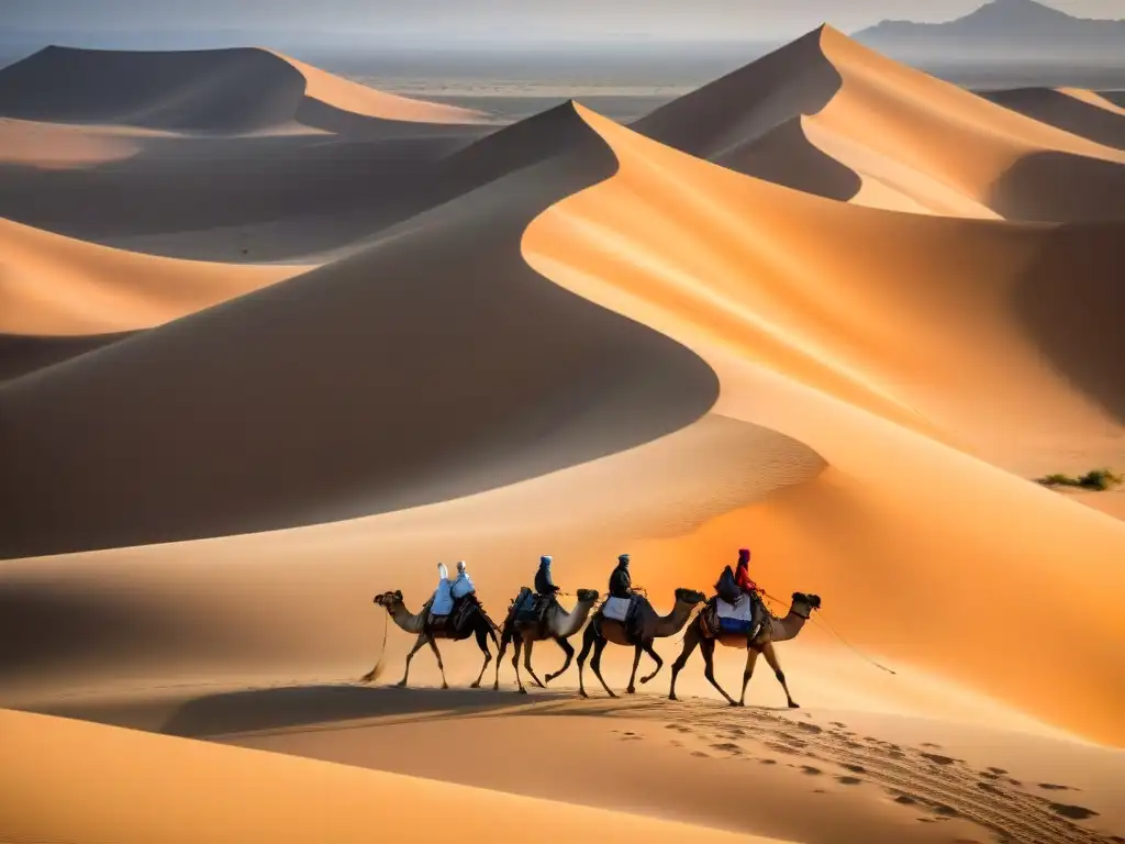 Caravana de camellos del Comercio Transahariano: Tuareg atraviesan el ardiente desierto con textiles coloridos