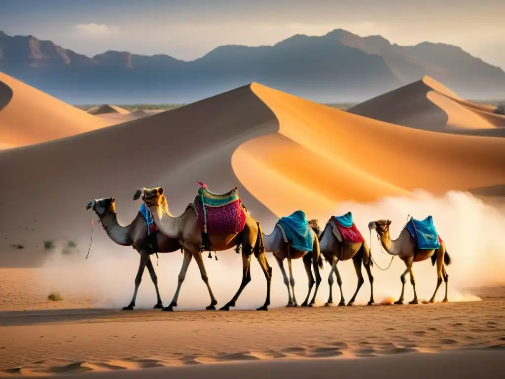 Una caravana de camellos recorre el desierto africano, resaltando la importancia de los camellos en África