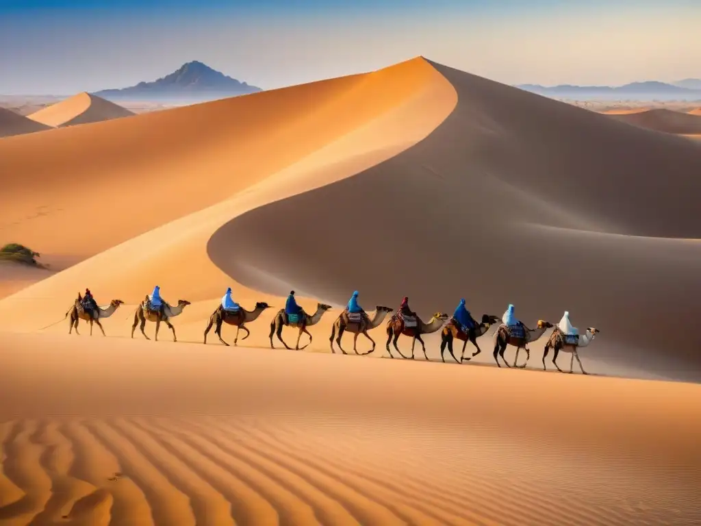 Caravana de camellos en el desierto del Sahara, comercio de sal en África