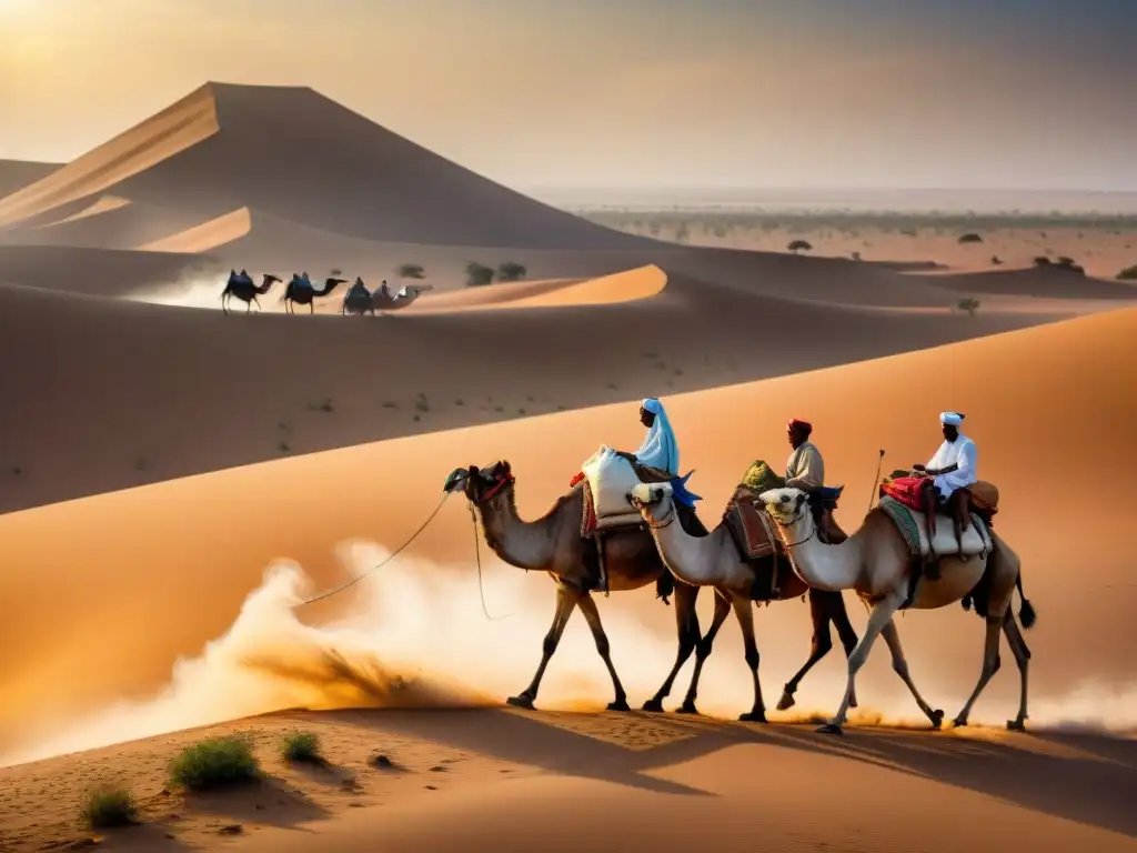 Caravana de camellos en el desierto del Sahara, comercio Transahariano crónicas viajeros