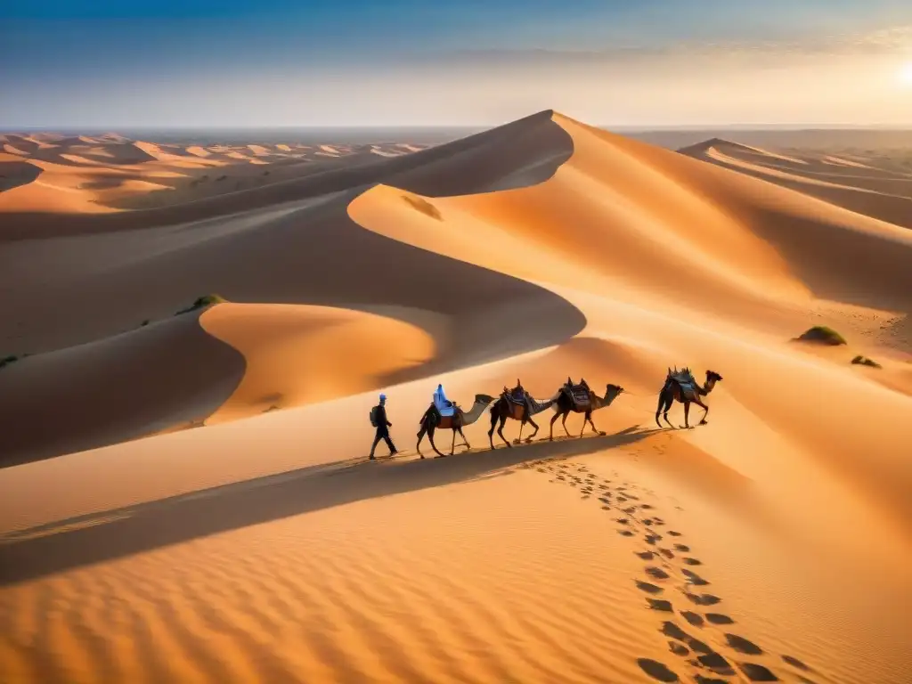 Caravana de camellos en el desierto dorado, evocando la importancia comercial y geopolítica del comercio transahariano