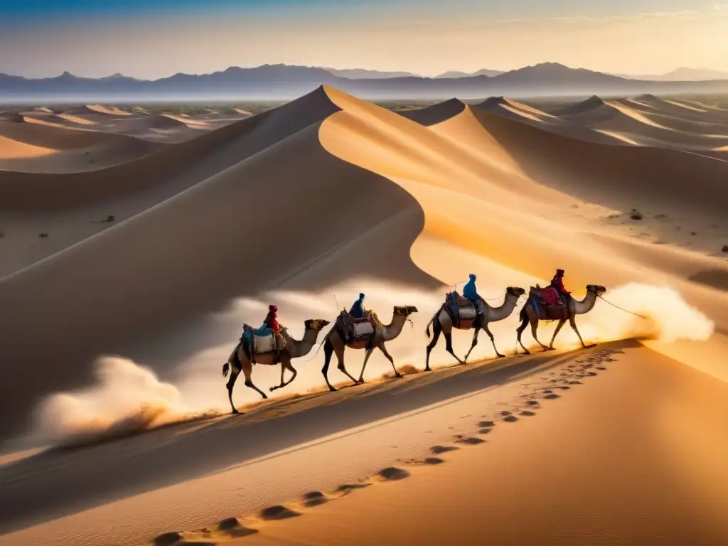 Caravana de camellos en el desierto del Sahara, guiada por comerciantes del Comercio Transahariano, bajo el sol ardiente