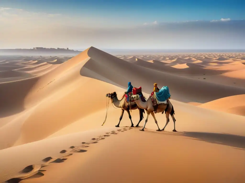 Caravana de camellos en el desierto, evocando la Importancia Comercio Transahariano geopolítica