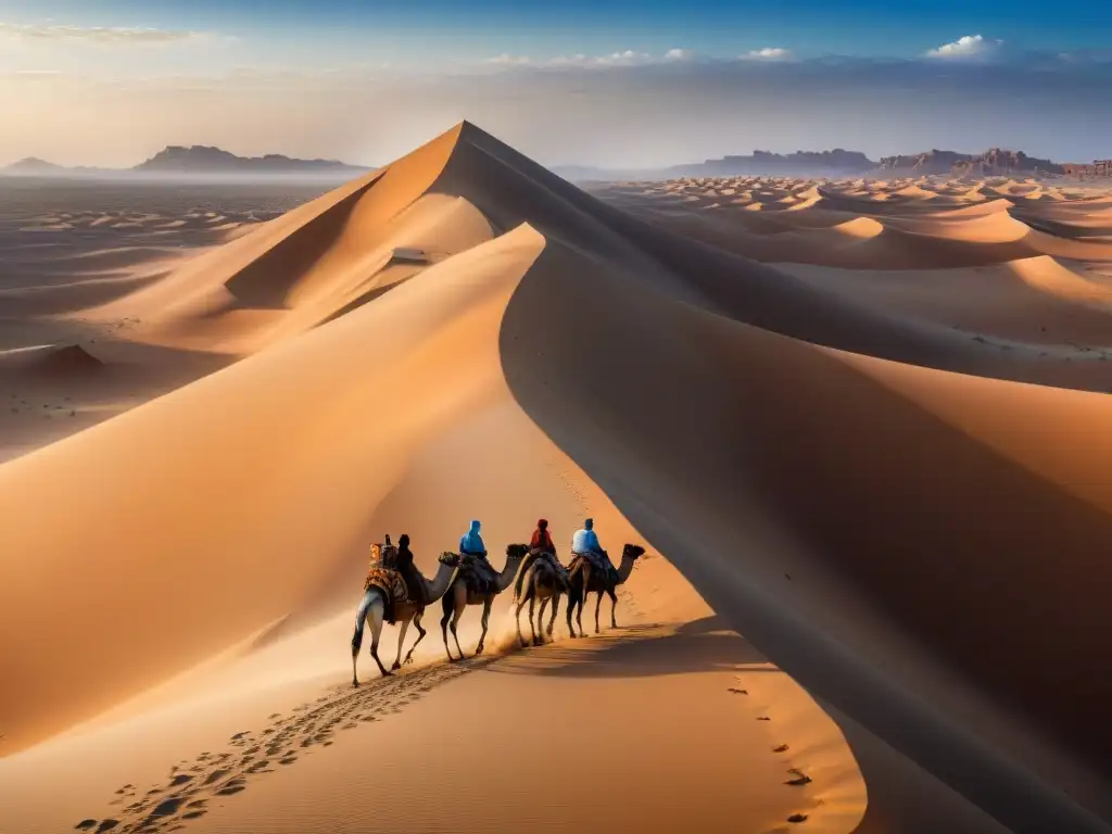 Caravana de camellos en un desierto vasto y árido, evocando los desafíos del Declive Comercio Transahariano factores