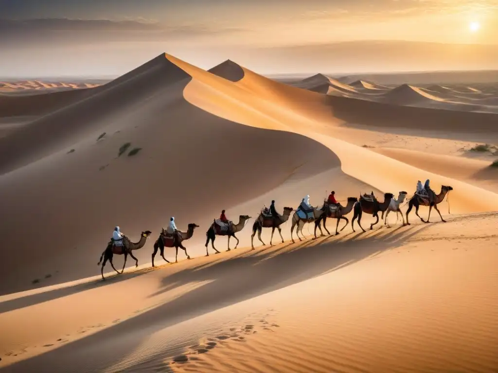 Caravana de camellos avanza por las dunas del Sahara, reflejando la belleza y desafíos del comercio transahariano