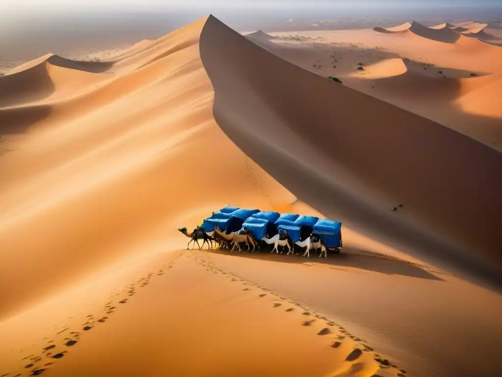 Caravana de camellos en las dunas doradas del Sahara, liderada por comerciantes Tuareg