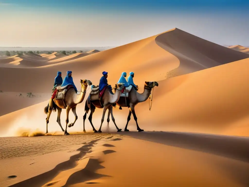 Una caravana de camellos en el Sahara, guiada por comerciantes tuareg