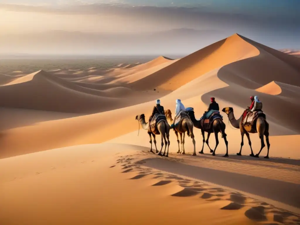 Caravana de camellos cruzando el Sahara con mercaderes, destacando el comercio de sal en África