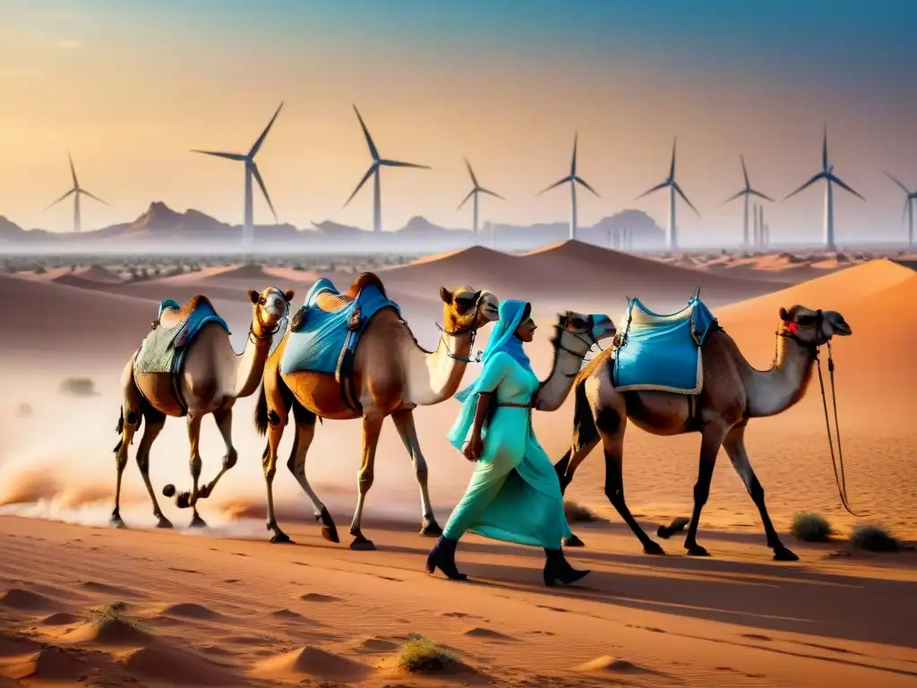 Caravana de camellos en el Sahara, con molinos de viento al fondo